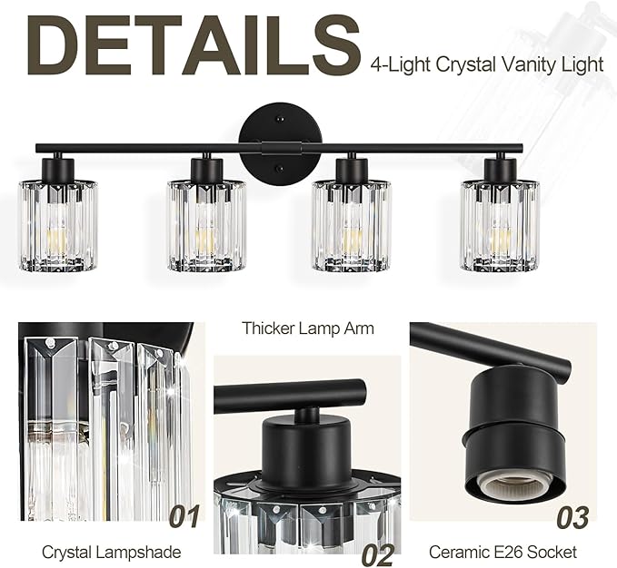 Crystal Bathroom Light Fixtures, Bathroom Lighting Fixtures Over Mirror, Modern 4-Light Gold Vanity Lights for Mirror, Restroom, Kitchen(Ceramic E26 Socket,Bulbs Not Include)