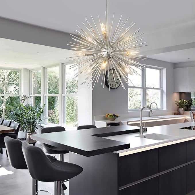 20" Modern Nickel Sputnik Chandelier 9-Light Starburst Chandelier Light Fixture Vintage Framhouse Chrome Solid Metal Sputnik Chandeliers for Dining Room, Living Room, Bedroom, Kitchen, E12