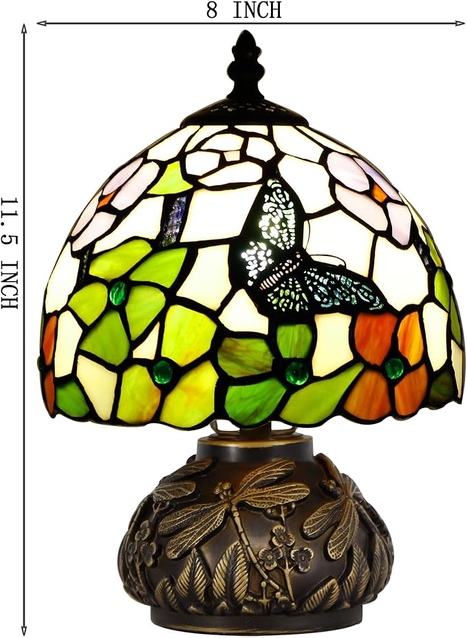 Small Tiffany Table Lamp Stained Glass Desk Lamp 8X8X11 Inch Accent Antique Light (Butterfly Flowers)