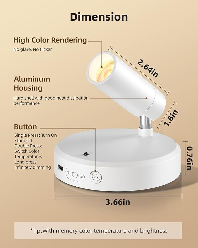 EZVALO Spot Lights Indoor,5500mAh Rechargeable Picture Lights with Remote,Wireless Mini Art Accent Spot Lights with Timer＆Dimmable, 3CCT, Uplights Indoor for Plants,Display,Artwork(2Pack-White)