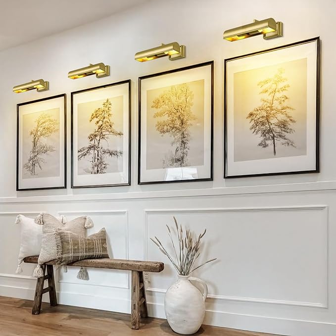 Picture Light, 12inch Brass Picture Lights for Wall,Hardwired Brushed Gold Art Picture Lights, Dimmable 2-Light Picture Rotatable Frame Light Wall Sconce for Painting, Artwork, Gallery