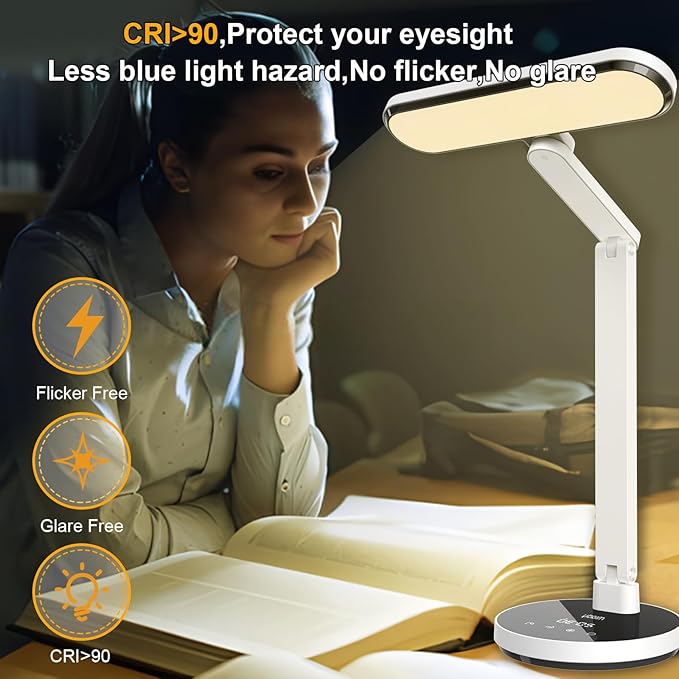 Miady LED Desk Lamp Stepless Dimming for Office Home, 15/30/45 Minutes Auto-Off Timer, 6 Lighting Brightness Levels with Adjustable Arm, Eye-Caring Reading Light for Table Bedroom Study