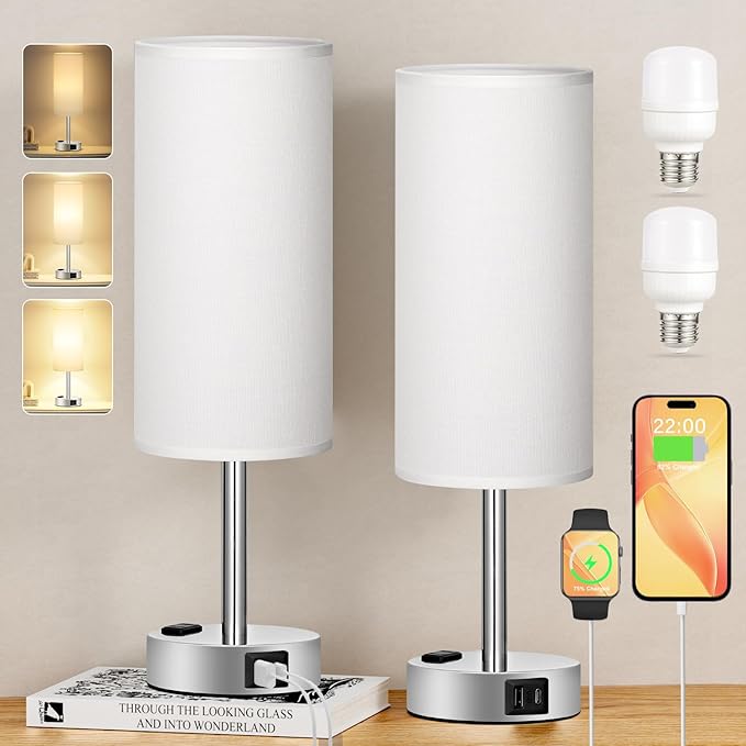 White Touch Nightstand Lamps Set - 3 Way Dimmable Bedside Table Lamp for Bedroom with USB Ports, Small Lamps with AC Outlet for Girls Dorm Nursery, Silver Base
