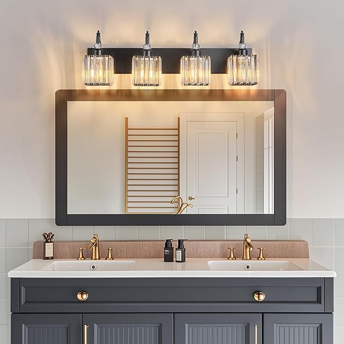 Modern Bathroom Vanity Light 4-Light Black Crystal Light Fixtures Over Mirror for Bathroom Wall Sconce