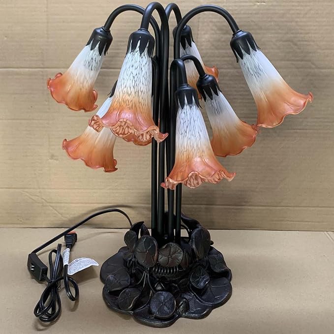 Bieye L10953 Lily Flower Blown Glass Accent Table Lamp for Living Room Bedroom Decoration (Orange, 8-Light)