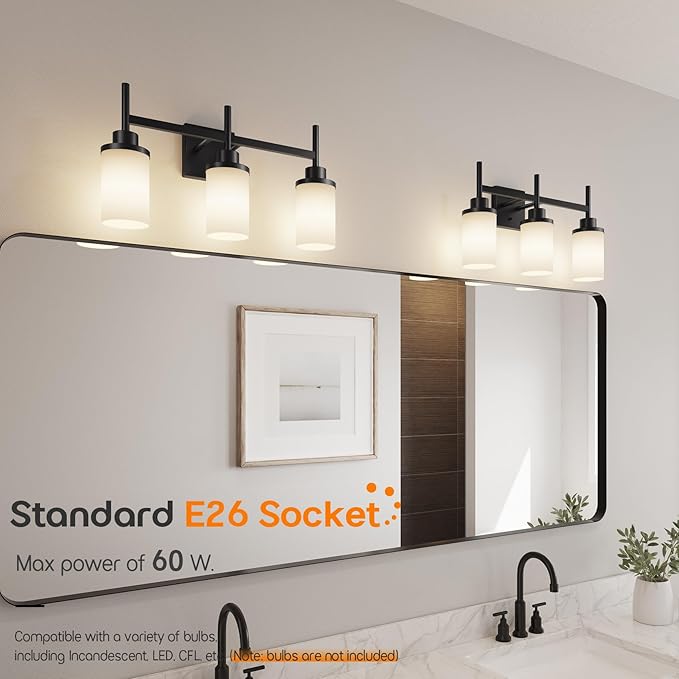 Vanity Lighting Fixtures Oil Rubbed Bronze 3-Light with White Frosted Glass Shade, Wall Sconces for Bathroom Cabinet Porch Kitchen T001ORB-L3