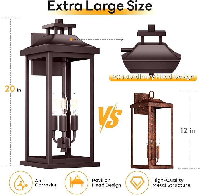 20" Oil Rubbed Bronze Outside Lighting for House 3-Light, 2 Pack Brown Large Vintage Outdoor Sconce Lights Porch Patio Lights Wall Mount, Waterproof Exterior Carriage Lamps, E12