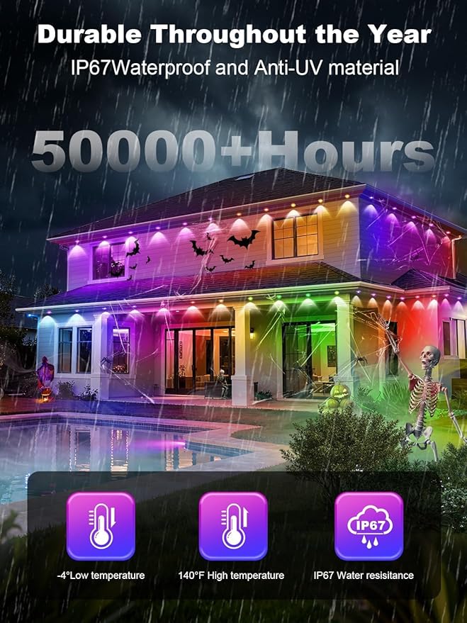Permanent Outdoor Lights for House,200ft RGB+IC Smart Outdoor Decor, 50 Scene Modes,App/Remote Control,IP67 Waterproof,for Christmas,Halloween,Daily & Holiday Party Decor,House Roof Lighting
