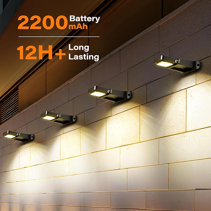 200LM Solar Wall Lights Outdoor 6 Colors, 2200mAh Long Lasting Solar Powered Deck Lights, 360° Adjustable Porch Light IP65 Waterproof, Glass Panel Fence Light for Gutter, Step, 4 Pack