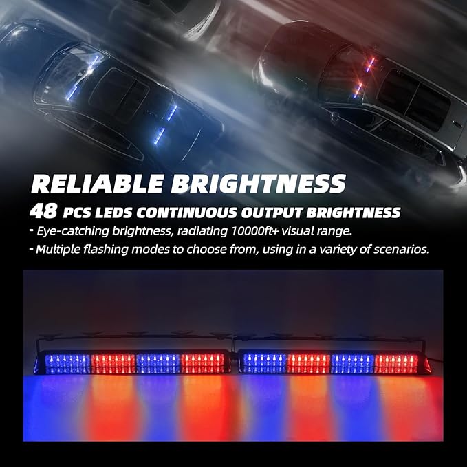 Red/Blue 2 in 1 Police Emergency Dash Strobe Light Bar, Front/Rear 48LEDs Interior Windshield Visor Safety Flashing Warning Hazard Lights for Firefighter Law Enforcement Trucks Vehicles