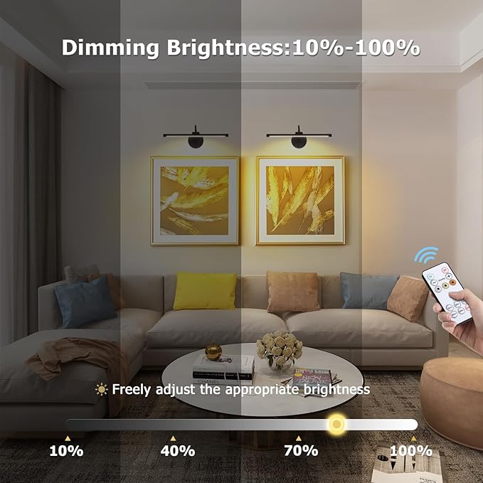 Picture Lights for Wall – Wireless Rechargeable LED Light with Remote, Adjustable Arm, Gold Battery Operated Display Lighting for Paintings, Bedroom, Gallery Wall Décor (Black, 12.6 inch - 2Pack)