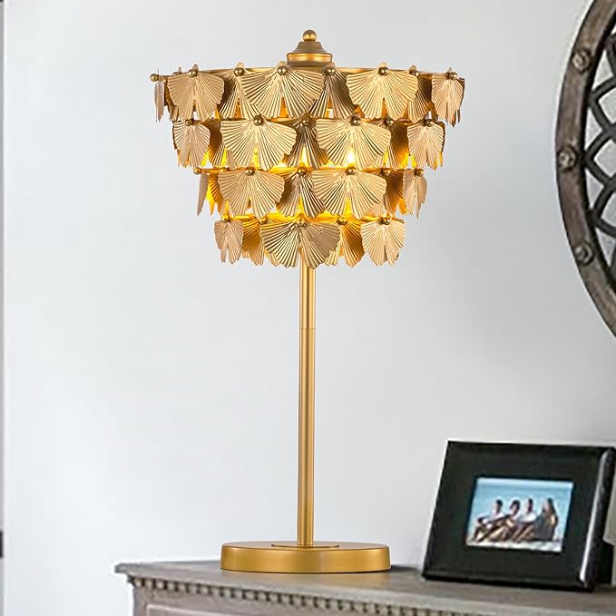 TOCHIC 3 Lights Table Lamp for Living Room, Gold Ginkgo Leaves Bedside Table Lamp for Bedroom, 26" Tall Modern Traditional Desk Nightstand Lamp for Entryway, Staircase, Home Office