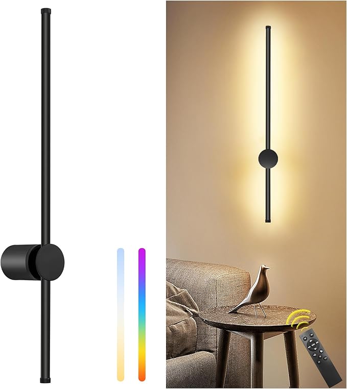 23.6 Inch Battery Operated Wall Sconce, 12000mAh Rechargeable Wall Sconce with Remote Control, Dimmable LED Wireless Wall Light for Bedroom, Living Room, 15 Colors, 180° Rotate, Black, 1 Pack