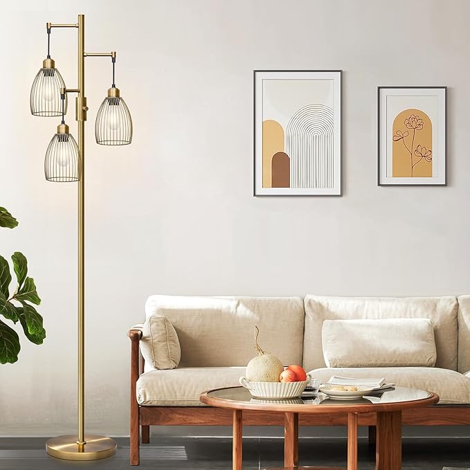 Dimmable Floor Lamp, Industrial Floor Lamps for Living Room, Antique Brass Tree Lamp Standing Lamp Tall Lamps with 3 Elegant Teardrop Cage Head & 800 Lumens LED Bulbs for Living Room Bedroom Office