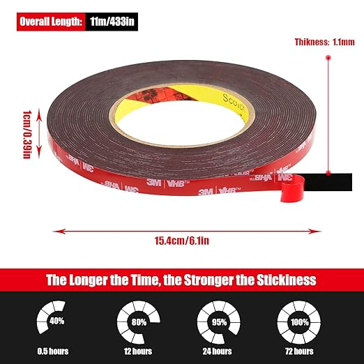 Double Sided Tape Heavy Duty, Waterproof Mounting Foam Tape, 36.5ft Length, 0.4in Width, High Temperature Resistant Adhesive Tape for Car, LED Strip Light, Office Decor, Made of 3M VHB Tape.