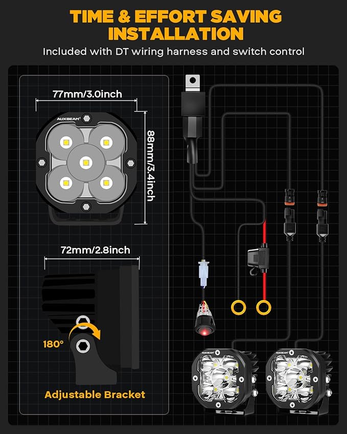 Auxbeam XP-Ultra Series Hyperspot LED Pods, 3 Inch 80W Spot Beam Offroad Lights, 9600LM Amber White Dual Color, 30° Spotlight Yellow Fog Ditch Lights, for 4x4 Jeep Ford Toyota, Pair