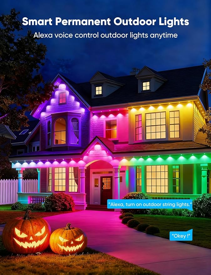 APPECK Permanent Outdoor Lights 300ft with 216 LED Lights, 108W Smart RGBW Eaves Lights, DC 36V, 40LM, IP67 Waterproof String Lights for Halloween Christmas Decor, Compatible with Alexa, White