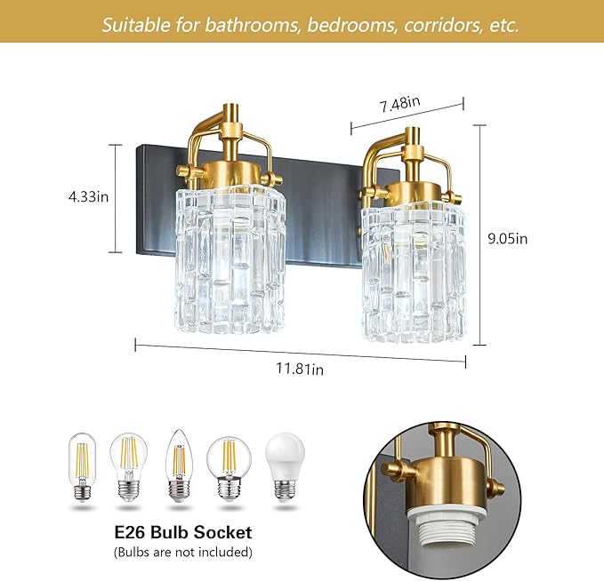 Modern 2-Light Vanity Light with Crystal Glass Shade - Black Gold Bathroom Light Fixtures Over Mirror