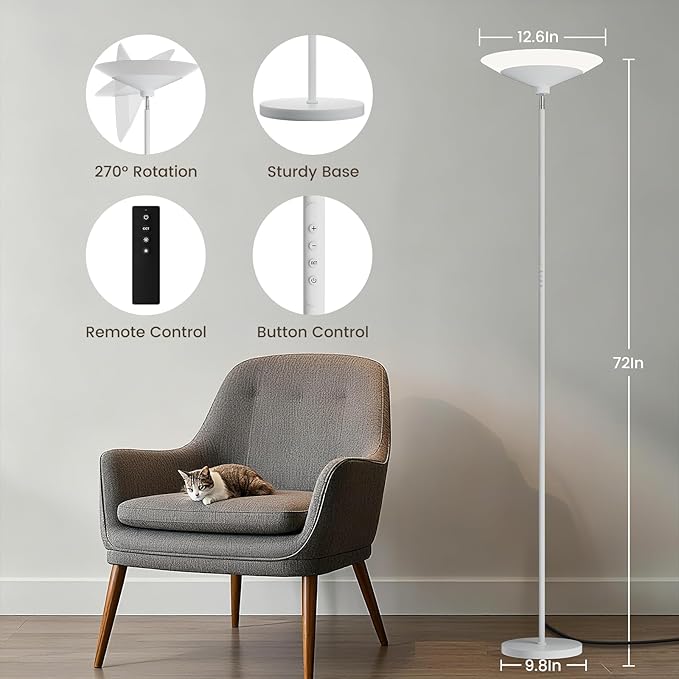 White Torchiere Floor Lamp - 30W Dimmable LED Standing Lamp with Remote/Button Control, 1800Lm, 3000-6500K, 72in Bright Standing Pole Light for Living Room Bedroom Office Corner