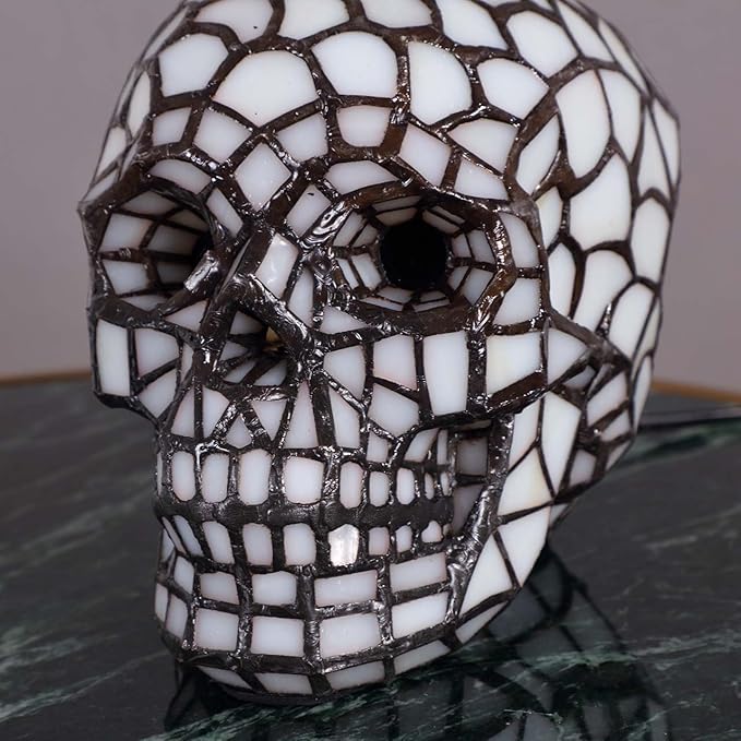 Bieye L10649 Skull Tiffany Style Stained Glass Accent Table Lamp Night Light for Halloween Decor Skull Lovers, White