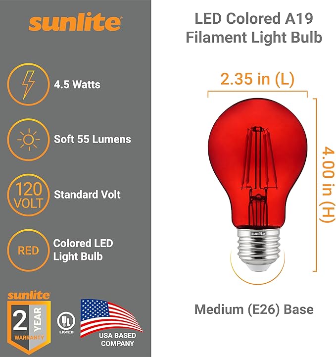 Sunlite 40943 LED Colored Filament A19 Light Bulb, 4.5 Watts, Medium E26 Base, 120 Volts, Transparent Red, Dimmable, 320 Degree Beam Angle, UL Listed, 6 Count