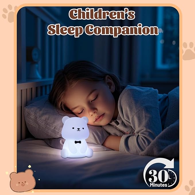 Attivolife Teddy Bear Night Light for Kids, Baby Nursery Beside Silicone Lamp, Protable USB Rechargeable Kids' Bedroom Nightlight with 8 Color Lights, Birthday Christmas Gifts for Girl Boy Children