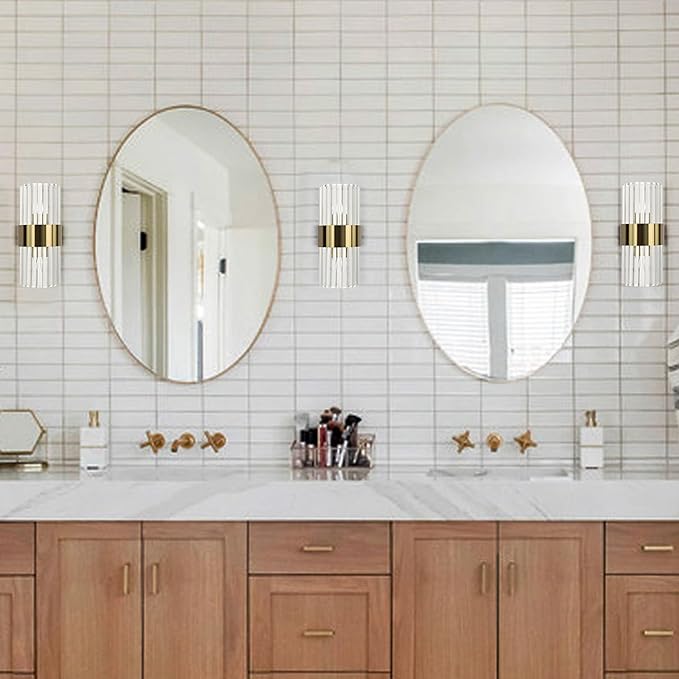 Gold Crystal Wall Sconce Set of 2, Modern Crystal Glass Sconces Lighting 2-Light Brass Glass Wall Light Fixtures for Bathroom Hallway Bedroom, 8-Inch