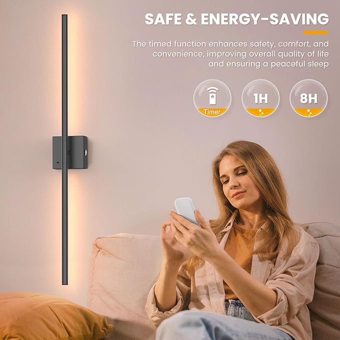 NIORSUN 35 Inch Battery Operated Wall Sconce Set of 2, 360° Rotation Black Rechargeable Wall Lights with Detachable Tube and Remote, 3CCT Dimmable Wireless Wall Lamp for Living Room Bedroom Hallway