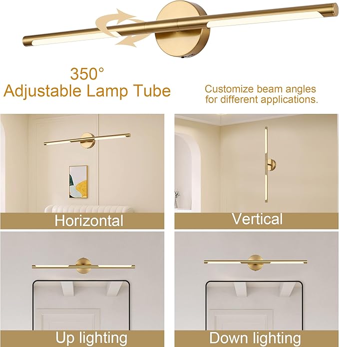 BONLICHT 30 inch LED Vanity Light Brushed Brass 5 Color Temperature Dimmable LED Light Bar Gold Bathroom Vanity Light Over Mirror,18W 350°Rotatable Bathroom Light Fixture Modern Wall Lighting Fixture