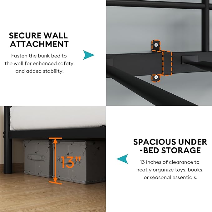 Full Over Full Metal Bunk Bed with LED Lights, USB Charging Station, 2 Drawers, Guard Rails & Ladder – No Box Spring Needed, Easy Assembly, Black