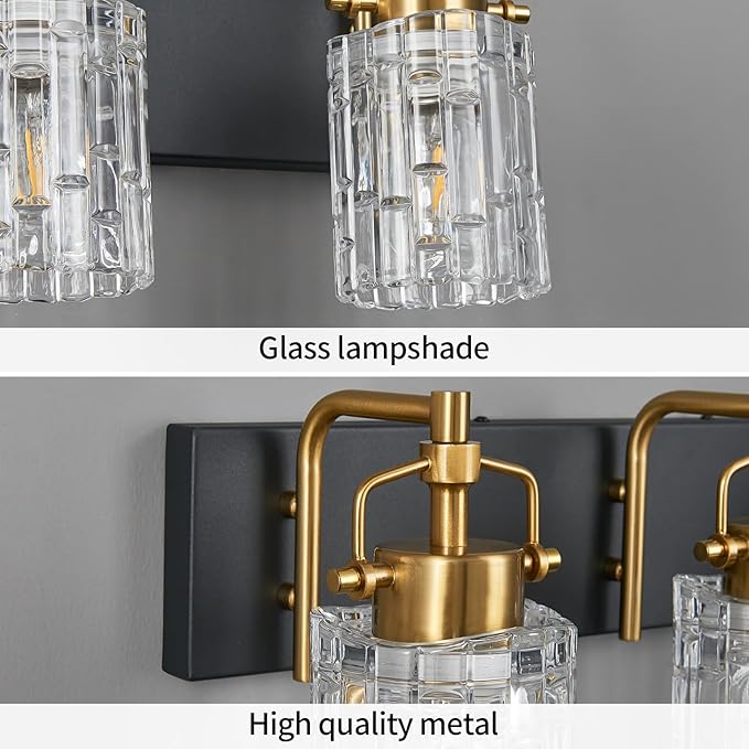Modern 4-Light Vanity Light with Crystal Glass Shade - Black Gold Bathroom Light Fixture