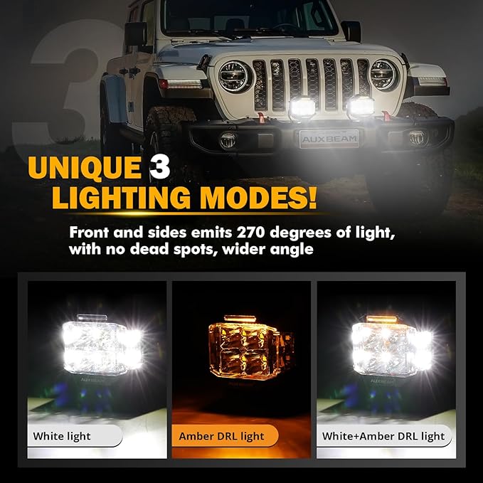 Auxbeam V-MAX Series 4in 92W Round LED Pods with Amber Covers, Side Shooter LED Offroad Driving Light with DRL, 270° Combo Beam Pattern Universal Auxiliary Light for Truck ATV Wrangler Ford Pickup