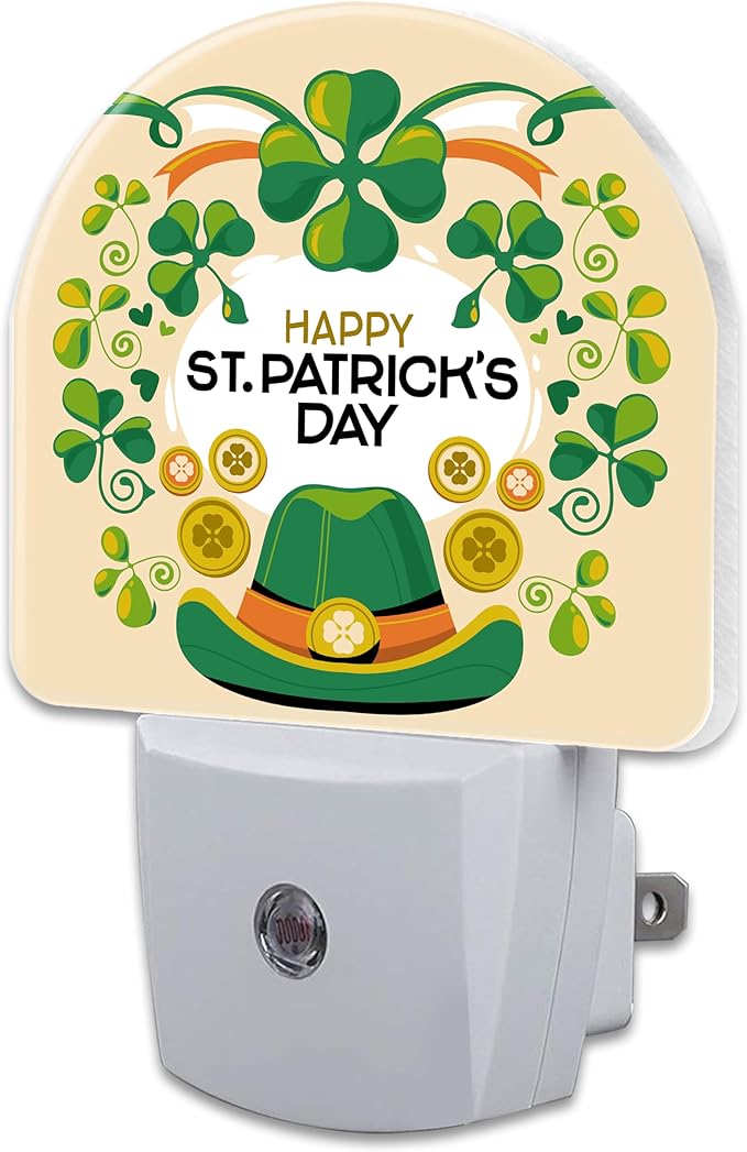Happy St. Patrick's Day Night Light for Kids,Green Clover Hat and Coins Night Light Plug in with Dusk to Dawn Sensor, 0.5w Energy Saving Sleep Friendly Nightlight for Hallway Stairway Kitchen Bedroom