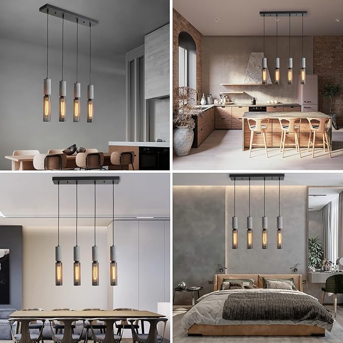 4-Light Concrete Linear Pendant Light with a Metal Mesh Shade,Modern Industrial Hanging Cement Pendant Lighting for Kitchen Island Bedroom Living Room Dining Room Light Fixture