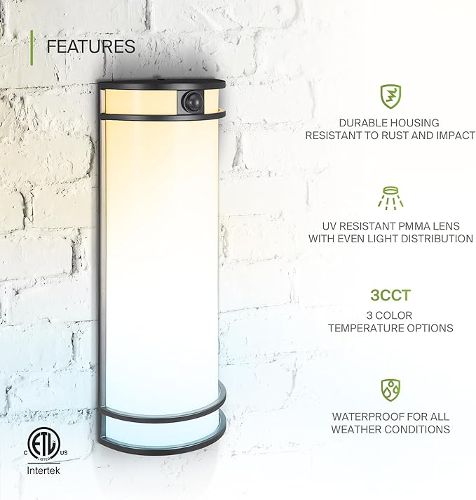ASD 18 Inch LED Outdoor & Indoor Wall Mount Light Fixture with Motion Sensor - Black Wall Sconce Lighting - 20W 120-277V 3000K 4000K 5000K Adjustable Exterior Lights - Front Door & Patio - ETL