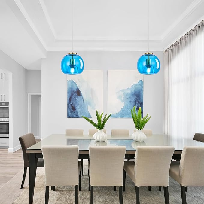 Blue Glass Pendant Lights Kitchen Island Gold Hanging Light Fixture Glass Globe Pendant Light Modern Pendant Lighting for Kitchen Island Bedroom Dining Room (7.87", 3 Pack)