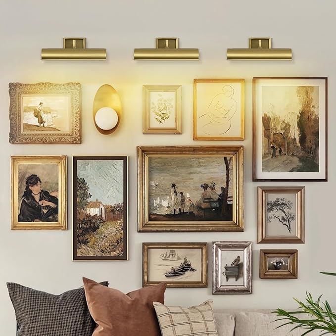 Picture Light, 12inch Brass Picture Lights for Wall,Hardwired Brushed Gold Art Picture Lights, Dimmable 2-Light Picture Rotatable Frame Light Wall Sconce for Painting, Artwork, Gallery
