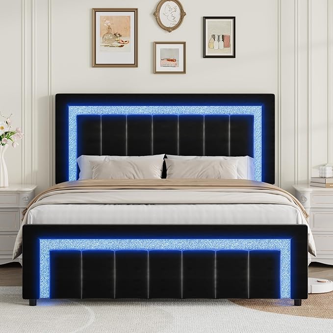 HOMBCK Full Size Bed Frame with LED Lights and Velvet Upholstered Headboard, Bed Frame Full with Modern Diamond Headboard Adjustable, Wooden Slats Support, Noise Free, No Box Spring Needed, Black