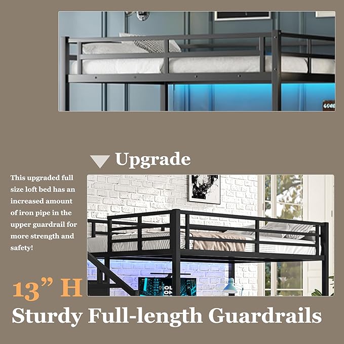 Bellemave Full Size Metal Loft Bed with L Shaped Desk and Wardrobe, Heavy Duty Loft Bed Frame with Storage Stairs, LED Loft Bed Frame with Charging Station & Safety Guard, Space Saving Loft Bed, Black