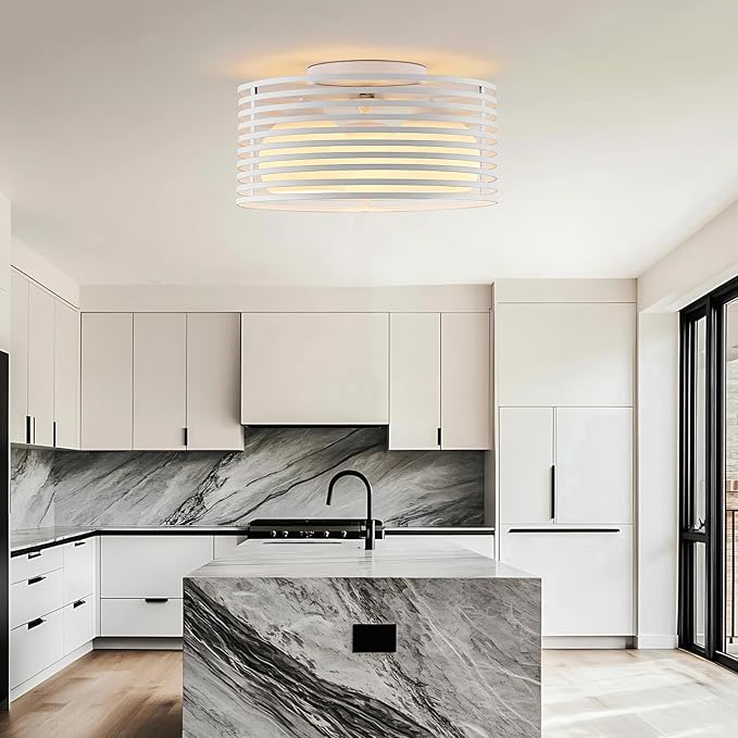 Modern Industrial Semi Flush Mount Ceiling Light, 3-Light White Farmhouse Ceiling Light Fixture with Glass Shade, Hallway Lighting Fixture for Kitchen, Bedroom, Bathroom, Foyer, Laundry room 12.79in