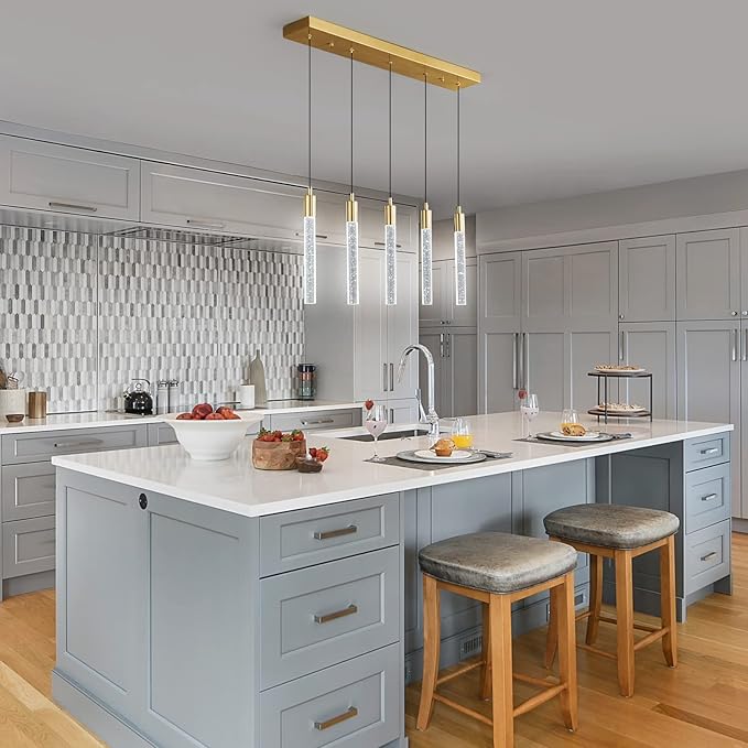 Kitchen Island Lighting Modern Light Fixture Gold Pendant Light Dimmable LED Brass Finish Mini Crystal Pendant Lights for Dining Room Living Room（5-Light）