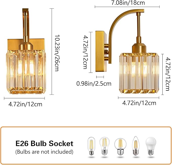 Wall Sconces, Set of 2 Gold Crystal Vanity Lights, Modern Wall Lamp for Bathroom, Hallway, and Makeup, Easy Installation