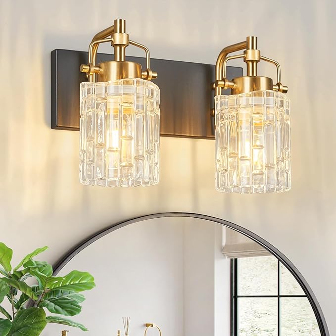 Modern 2-Light Vanity Light with Crystal Glass Shade - Black Gold Bathroom Light Fixtures Over Mirror