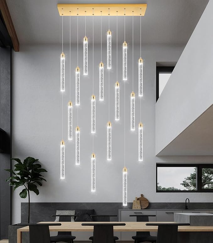 Rectangular Chandeliers 17-Lights Long Light for Entryway LED Dimmable Chandeliers Lighting Fixture Flat Sloped High Ceiling Pendant Lights Crystal for Living Room Foyer Hallway Staircase Gold