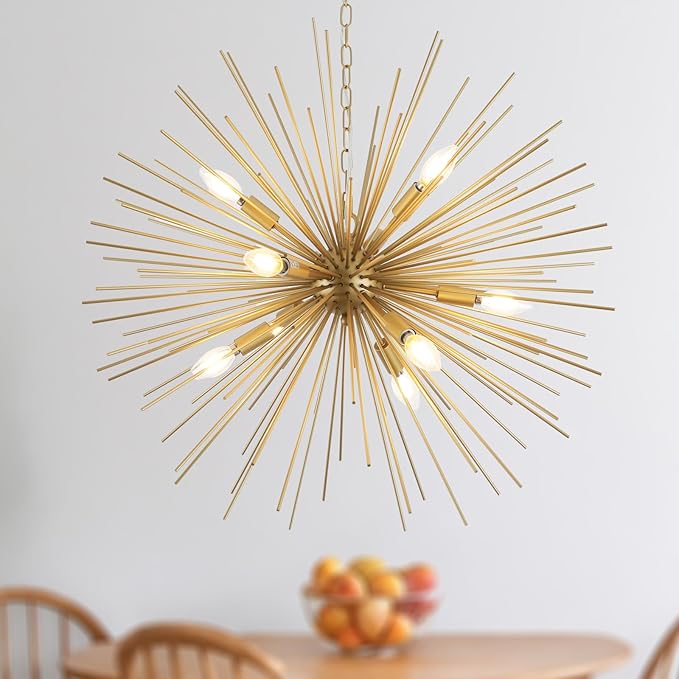 Modern 28.34" Golden Sputnik Chandelier Modern 9-Lights Geometric Starburst Chandelier Solid Metal Gold Sputnik Chandeliers for Dining Room, Kitchen, Bedroom, Living Room, E12