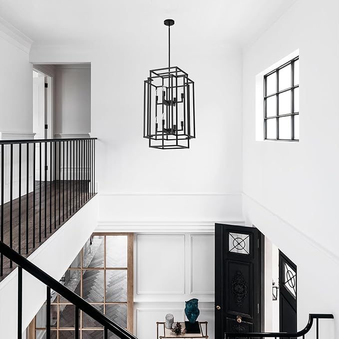 HHR 8-Light Black Lantern Tiered Pendant Light Fixtures, 32" H Foyer Lighting Fixtures, Farmhouse Chandelier for Dining Room Kitchen Island Foyer Entryway Living Room