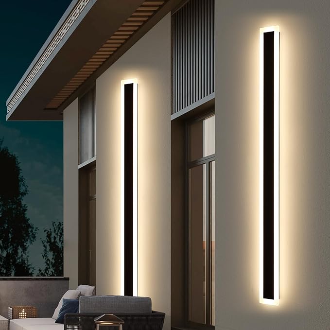 Upgrade Widened 2 Pack Modern Outdoor Wall Light, 71inch Minimalist LED Wall Sconce, 3 Color 3000K/4500K/6000K, 60W, IP65 Waterproof, Black Long Exterior Lighting Fixture for Patio, Garden, Garage