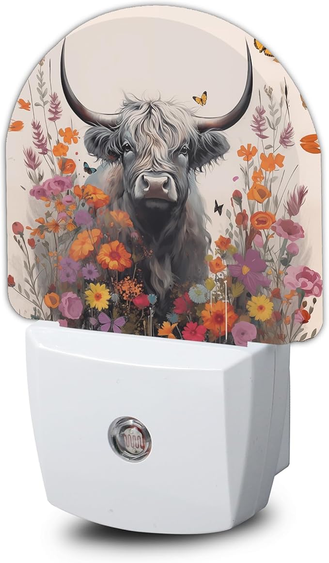 Highland Cow Night Light,Daisy Flower Plug into Wall Nightlights with Dusk to Dawn Light Sensors for Bedroom, Bathroom, Hallway, Kitchen, Night Lights for Boys Girls Women Men
