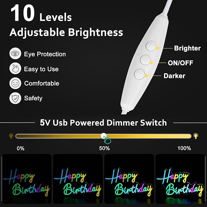 Mornajina 16.5'' x 11.8'' Happy Birthday Neon Sign for Backdrop Wall Decor USB Powered, Happy Birthday Led Sign for Backdrop Light up Sign Dimmable Neon Light for Birthday Party Decoration (Colorful)