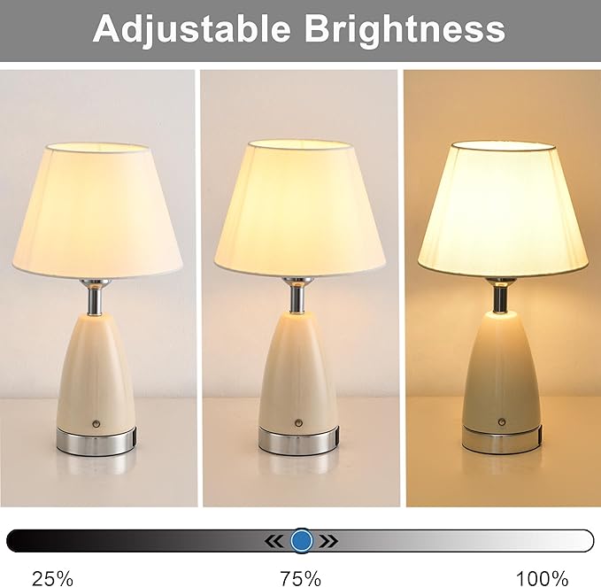 Farmhouse White Ceramic Table Lamp for Bedroom, Touch Dimmable Nightstand Lamps with Fabric Shade, 6W E26 Ceramic Lamp with USB A + C Port for Living Room Bedside Buffet